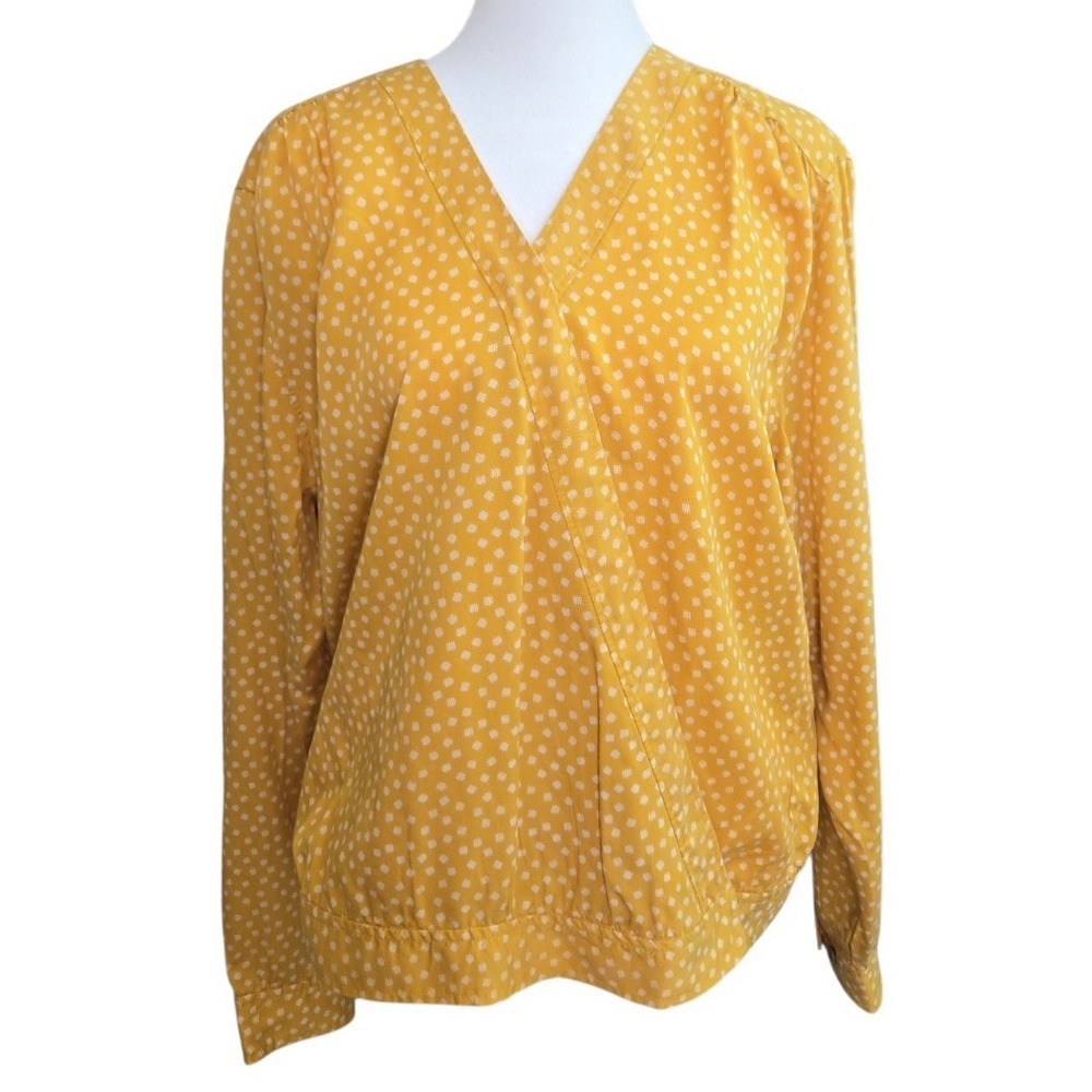 Duluth Trading Co Womens Yellow Ditsy Print Long Sleeve V Neck Top Size L
